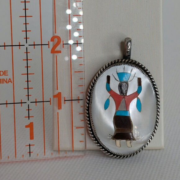 Native American Zuni by Jays Mother Of Pearl Inlay Pendant Dancing Kachina 925 - Picture 4 of 5
